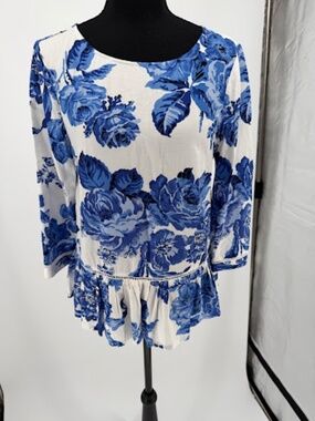 Cath Kidston Blue Floral Ladder Lace Trim Peplum Tunic Top UK 10 US‎ 6